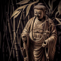 Naklejka premium Buddha statue made of bamboo - generative ai