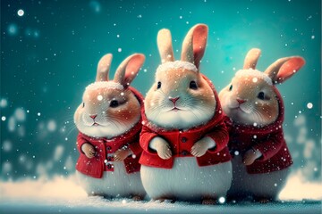Three little bunnies dressed up as Santa Claus on a snowy Christmas background.