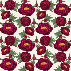 Burgundy peonies on white background. Seamless pattern with hand drawn illustrations with floral theme