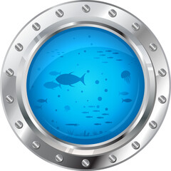 One metallic porthole with underwater life on side view isolated illustration, deepwater adventure