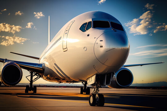 A contemporary passenger jet arrives at the airport. Generative AI