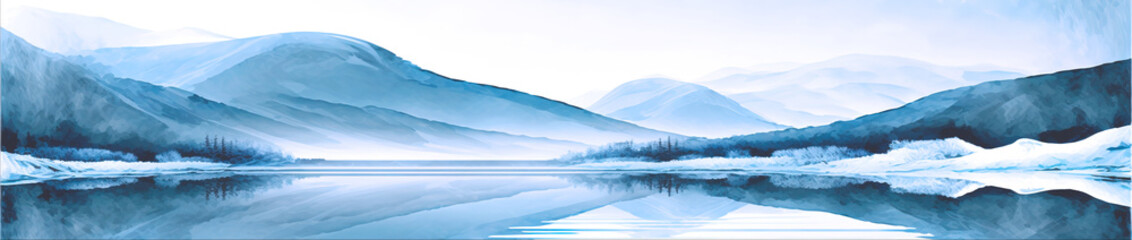 Blue tones mountains and lake in winter, generative ai  horizontal banner 