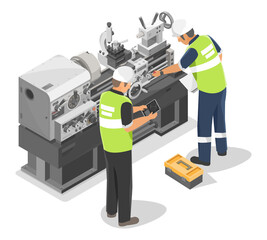 Inspector Engineering and technicians checking service maintenance on Heavy Duty Metal Lathe Machine metalworker industrial concept isometric isolated
