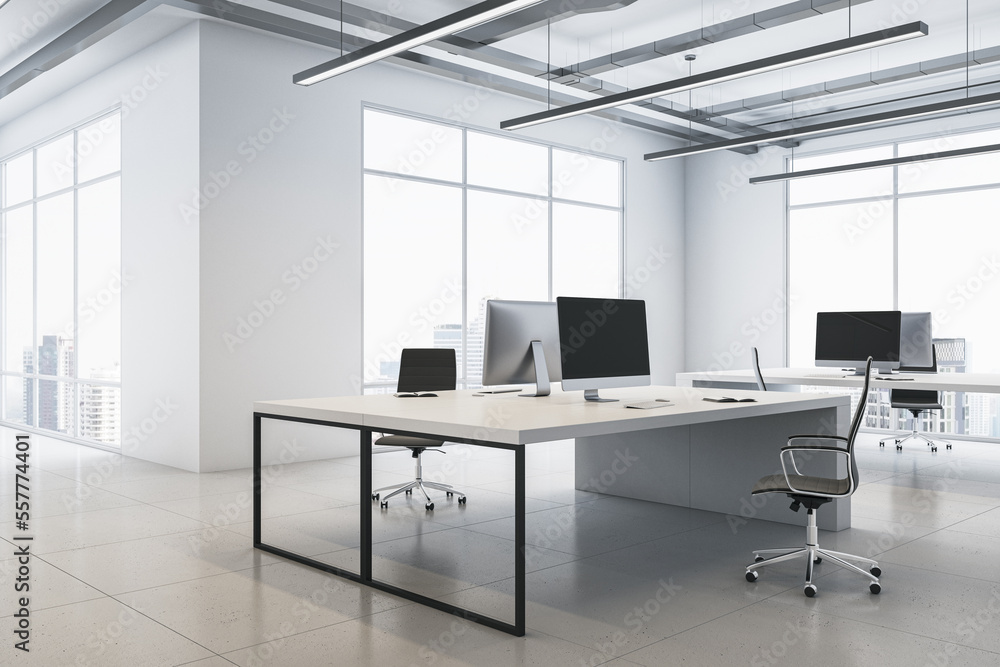 Poster perspective view on stylish workspace table with modern computers on glossy ceramic tiles floor in c