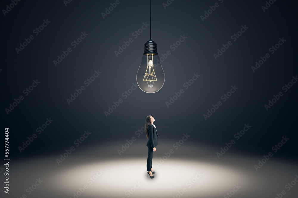 Poster good idea, creativity and solution concept with businesswoman looking up at the ceiling with a big h