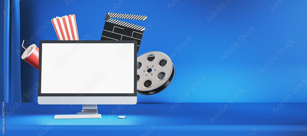 Poster online movie watching and cinematography concept with blank white modern computer monitor screen on 