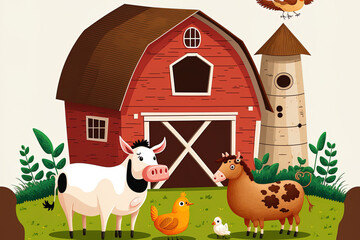 Animals and a farmer beside the barn. Generative AI