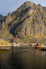 Svolvaer town with mountains in background in Lofoten Islands, Norway