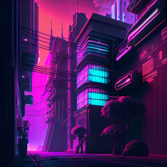 3D render with a cyberpunk vaporwave city background (Ai generated)