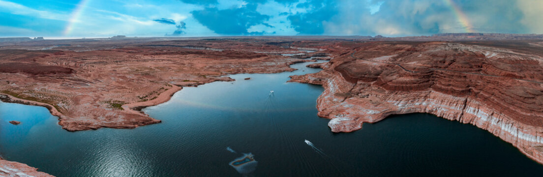 Aerial top view of lake Powell and Glen Canyon in Arizona. Lake Powell National Park Landscape. - Powered by Adobe