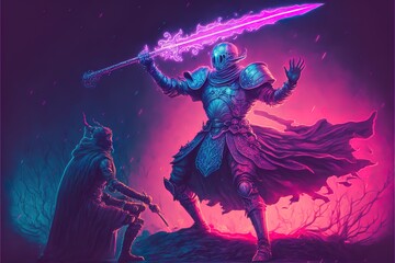 Obraz na płótnie Canvas Neon medieval knights are fighting