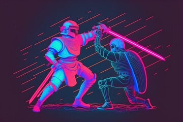 Fototapeta na wymiar Neon medieval knights are fighting