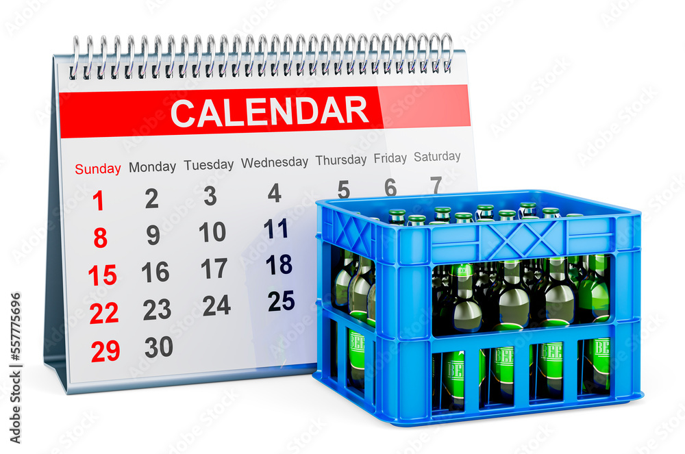 Poster beer bottles in crate with desk calendar, 3d rendering