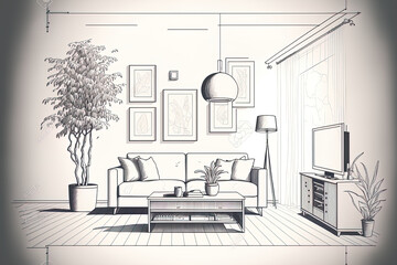 living room interior drawing in a box. Generative AI