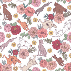 Greyhound dogs and peony flowers. Seamless pattern with outline vector hand drawn illustrations with tattoo style