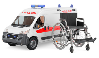 Wheelchair with ambulance van, 3D rendering