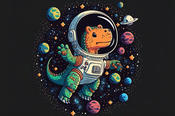 Funny dinosaur in space adorable dinosaur cosmonaut dinosaur in space hand drawn in color infant print suitable for posters fabric T shirts. Generative AI