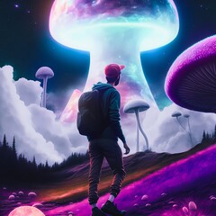 A young man explores the land of magical psychedelic mushrooms. An abstract and surreal adventure into the world of dreams. LSD, DMT or psilocybin trip - obrazy, fototapety, plakaty