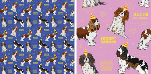 Happy Birthday Pattern with cavalier king charles spaniel dog in a party hat, seamless texture.Repeatable tiles, wrapping paper, blue and pink background.Holiday wallpaper with line art cake, hearts.