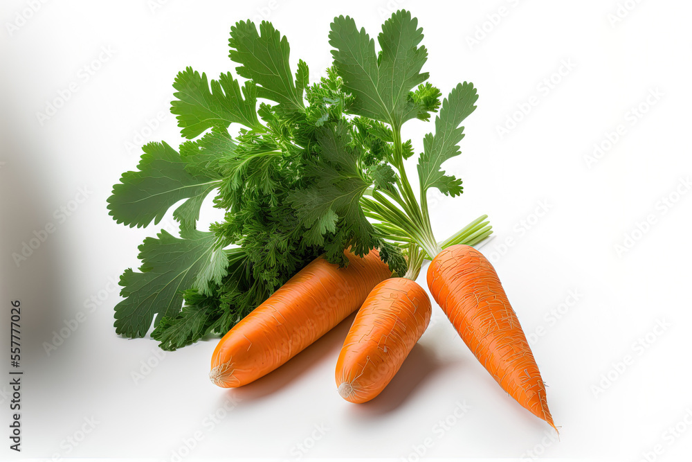 Wall mural Orange carrot on white background, fresh carrot with leaf in background. Generative AI