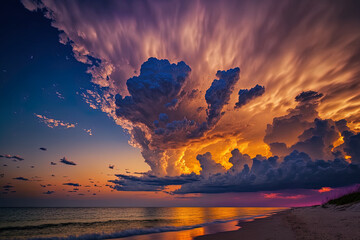 Naklejka na ściany i meble colorful clouds in a cloudscape near the seashore at sunset. Generative AI