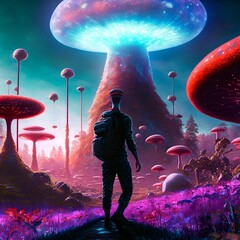 A young man explores the land of magical psychedelic mushrooms. An abstract and surreal adventure into the world of dreams. LSD, DMT or psilocybin trip - obrazy, fototapety, plakaty