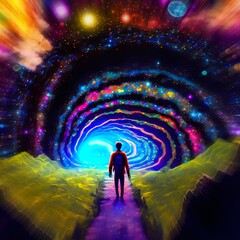 A man takes his first psychedelic trip to the center of the universe after consuming DMT. Amazing colorful space. LSD, DMT or psilocybin trip . Generative AI illustrations