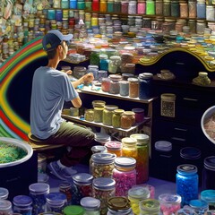 A young man manufactures smart drugs in his home laboratory. Jars filled with psychedelic candy. Future of psychodelic remedy or medicine. Generative AI illustrations - obrazy, fototapety, plakaty