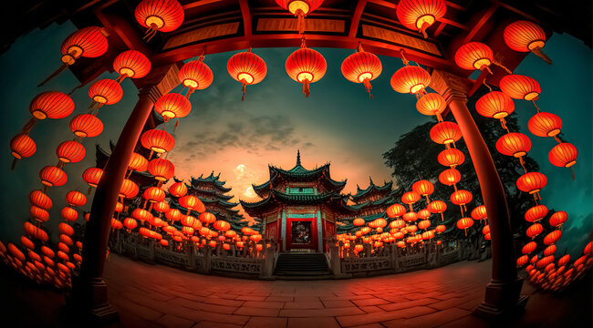 Traditional Chinese Buddhist Temple Illuminated For The Mid-Autumn Festival. Digital Art	