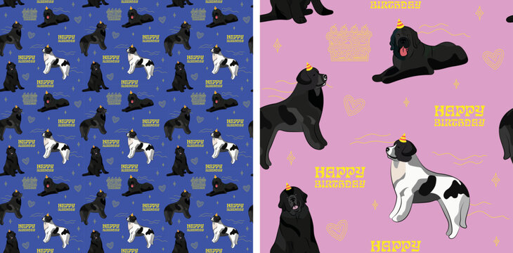 Happy Birthday Pattern With Newfoundland Dog In A Party Hat, Seamless Texture.Repeatable Tiles,wrapping Paper, Blue And Pink Background.Holiday Wallpaper With Line Art Cake And Fancy Elements,Art Deco