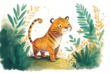 Cute tiger cub standing in the middle of the forest. Watercolor painting of cute tiger cub wild animals.
