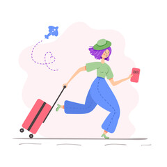 Beautiful young woman with suitcase. Stylish girl travels, colored drawing. Modern girl with suitcase and passport with boarding pass tickets run to airplane. Travel concept, flat design. Vector