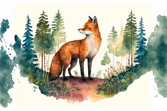 Cute smiling fox standing in the middle of the forest. Watercolor painting of cute fox wild animals.