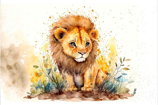Cute lion standing in the middle of the forest. Watercolor painting of cute lion wild animals.