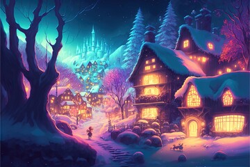 Fototapeta na wymiar Winter town in the mountains, bright night landscape