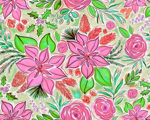 Poster Modern exotic floral jungle pattern. Collage contemporary seamless pattern. Hand drawn cartoon style pattern.  © Nurhayat