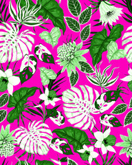Fototapeta na wymiar Modern exotic floral jungle pattern. Collage contemporary seamless pattern. Hand drawn cartoon style pattern. 