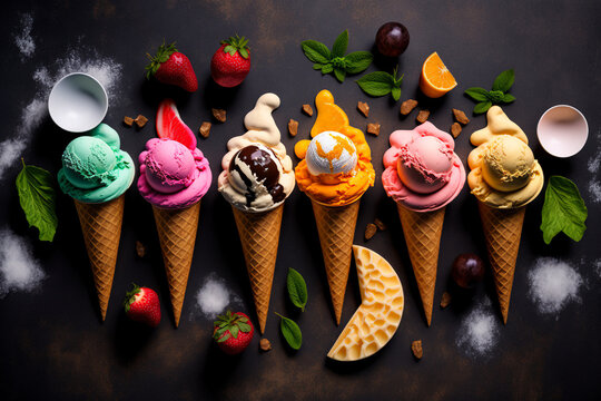 Top view of colorful various varieties of ice cream in cones. Vanilla, strawberry, pistachio, chocolate on grey stone background, 3d render