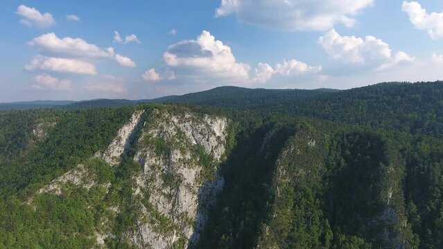 Aerial view on famous Banjska stena on Drina river in Tara National Park, Serbia, 4k