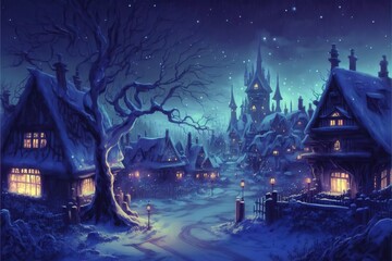 Fototapeta na wymiar Winter town in the mountains, bright night landscape