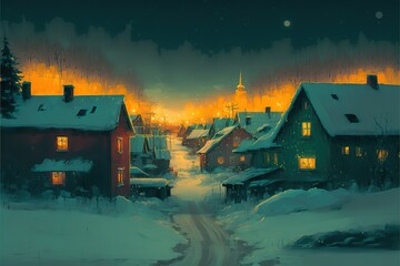 Winter town in the mountains, bright night landscape