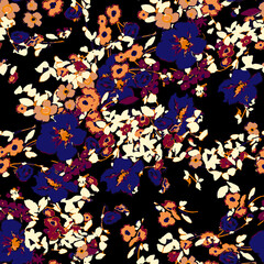 Seamless watercolor floral pattern - pink blush flowers elements, green leaves branches on dark black background; for wrappers, wallpapers, postcards, greeting cards, wedding invites, romantic events.