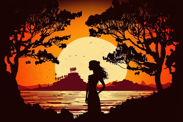 Sunset scene with a woman's silhouette doing yoga. Generative AI