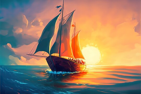 A sailboat sailing on the sea into the sunset