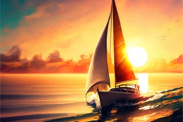 A sailboat sailing on the sea into the sunset