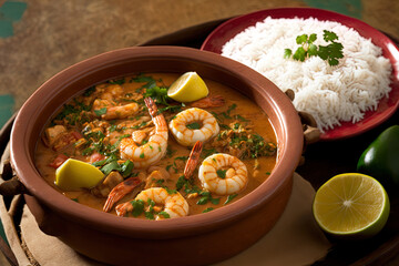 Shrimp stew, commonly served with rice, mush and manioc flour. Throughout the Brazilian coast, this meal is a staple of the country's cuisine. Generative AI