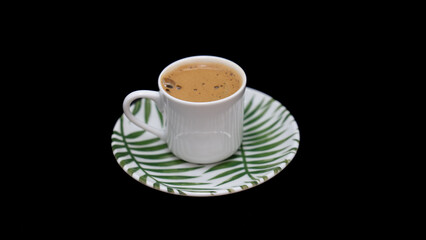Turkish and Arabic Traditional Hot Coffee or Espresso Drink on rustic wood bar counter, black bacgraund