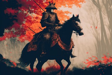 A samurai rides a horse through the autumn forest - obrazy, fototapety, plakaty