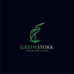  Green stork line art logo design with leaf wings