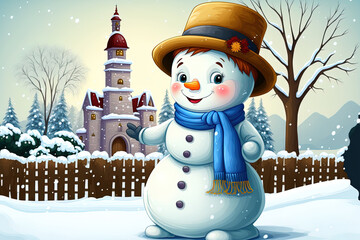 Obraz premium In a snowy city park, a snowman. typical outdoor winter activities for kids. Generative AI